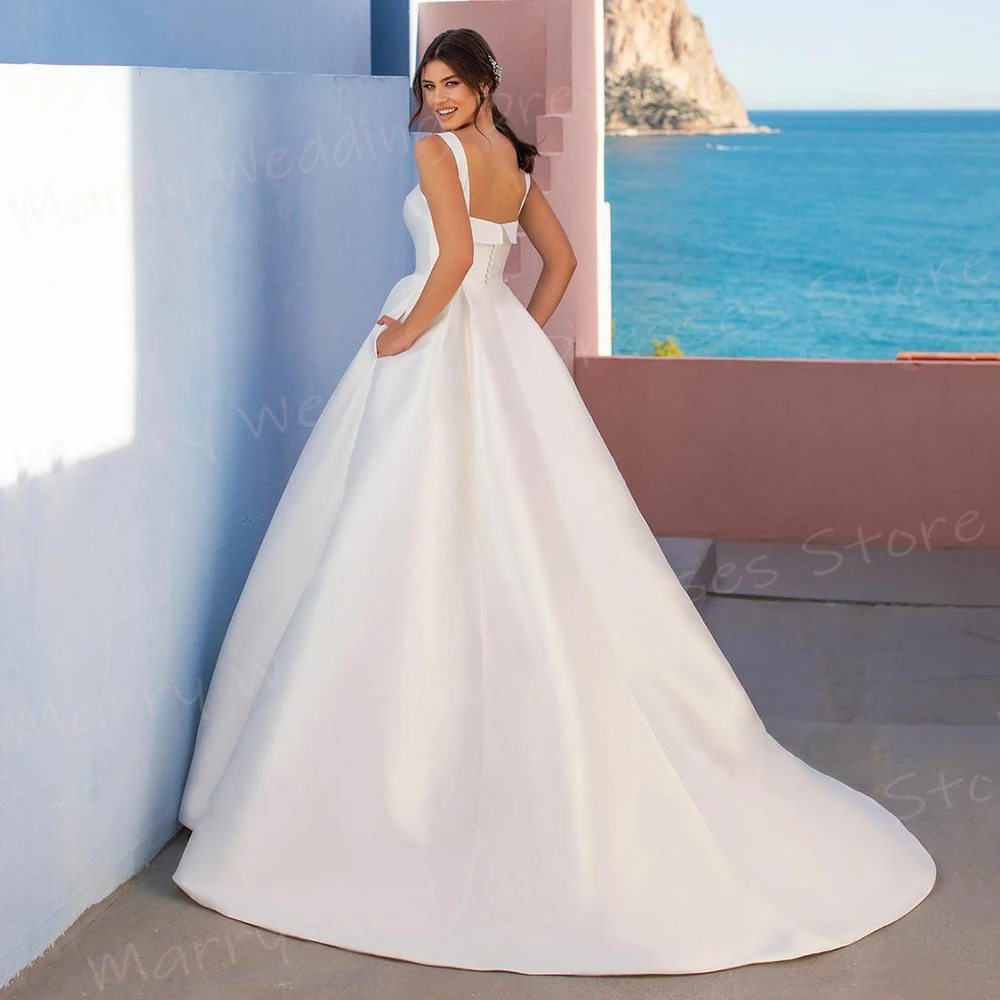 Simple Generous A Line Wedding Dresses Charming Spaghetti Strap Bride Gowns Sleeveless Square Collar Vestido De Novia Customized 2