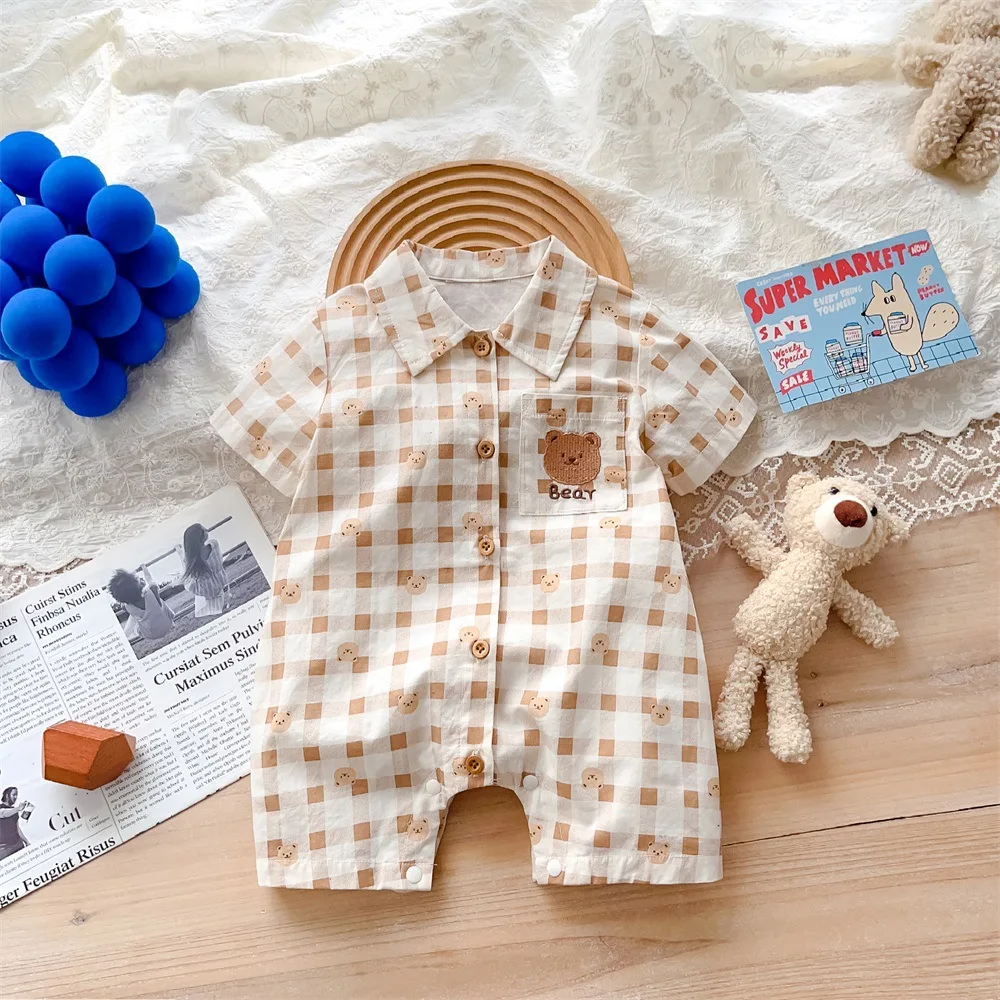 

Jenny&Dave Baby Summer Bodysuit Summer Dress Thin Full Moon Clothes Net Red Short Sleeve Nordic Plaid Fashionable Men's Treasure