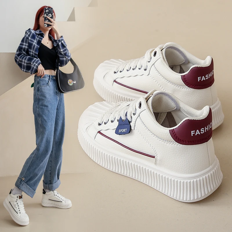 New Women's Fashion Casual Thick Soled Sneakers White Sports Tie Up Women Board Shoe Platform Shell Toe Designer Shoes