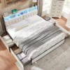 King Size Bed Frame with Upholstered Headboard, Modern Farmhouse Wood Metal Platform Bed with Storage Drawers,Antique White 1