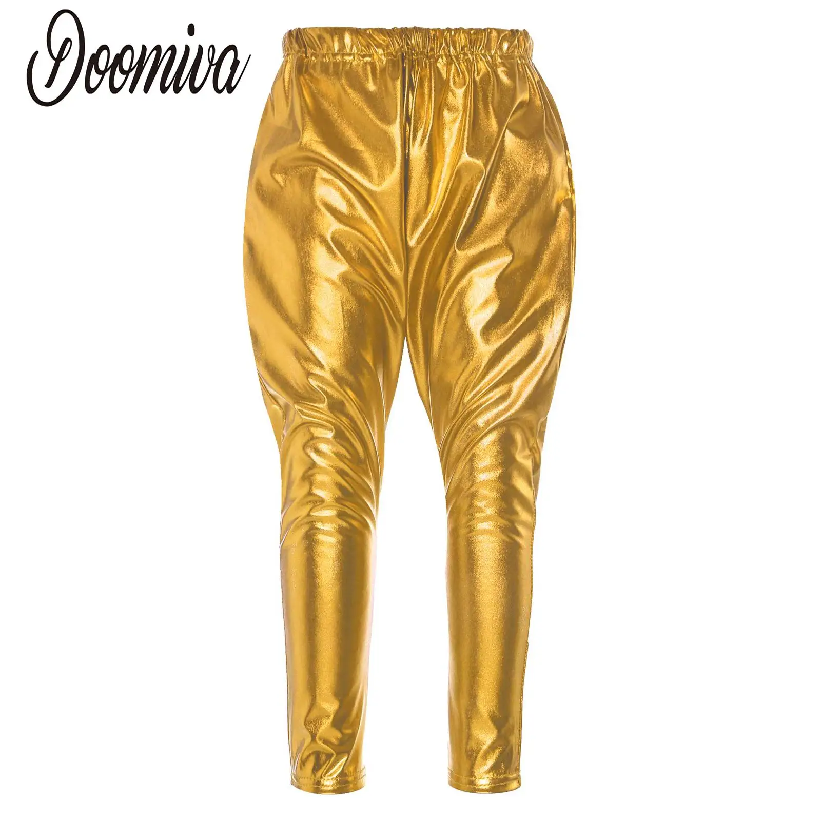 

Kids Girls Shiny Metallic Bronzing Cloth Pant Ballroom Hip-Hop Dancewear Waistband Lightweight Harem Pants Performance Clothing