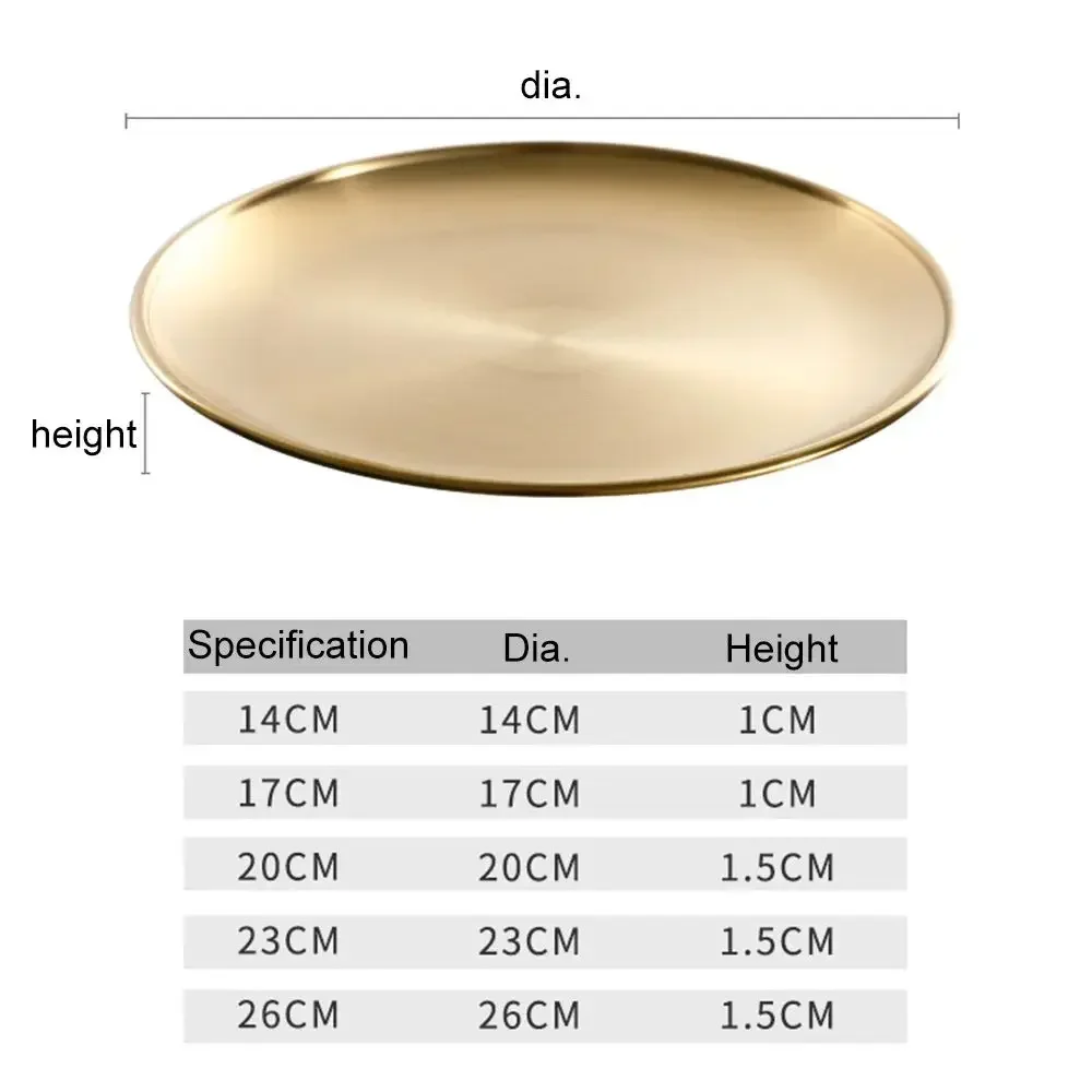 1pc Thickened New Stainless Steel Disc Golden Cafe Tray Dining Disc Fruit Meat Dessert High Quality Round Plate  Shallow Tray