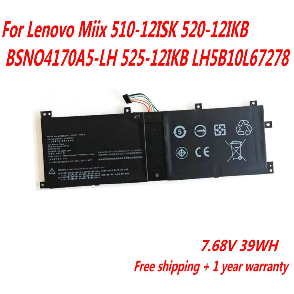 

High Quality BSNO4170A5-AT Laptop Battery For Lenovo Miix 510-12ISK 520-12IKB BSNO4170A5-LH 525-12IKB LH5B10L67278 7.68V 39WH