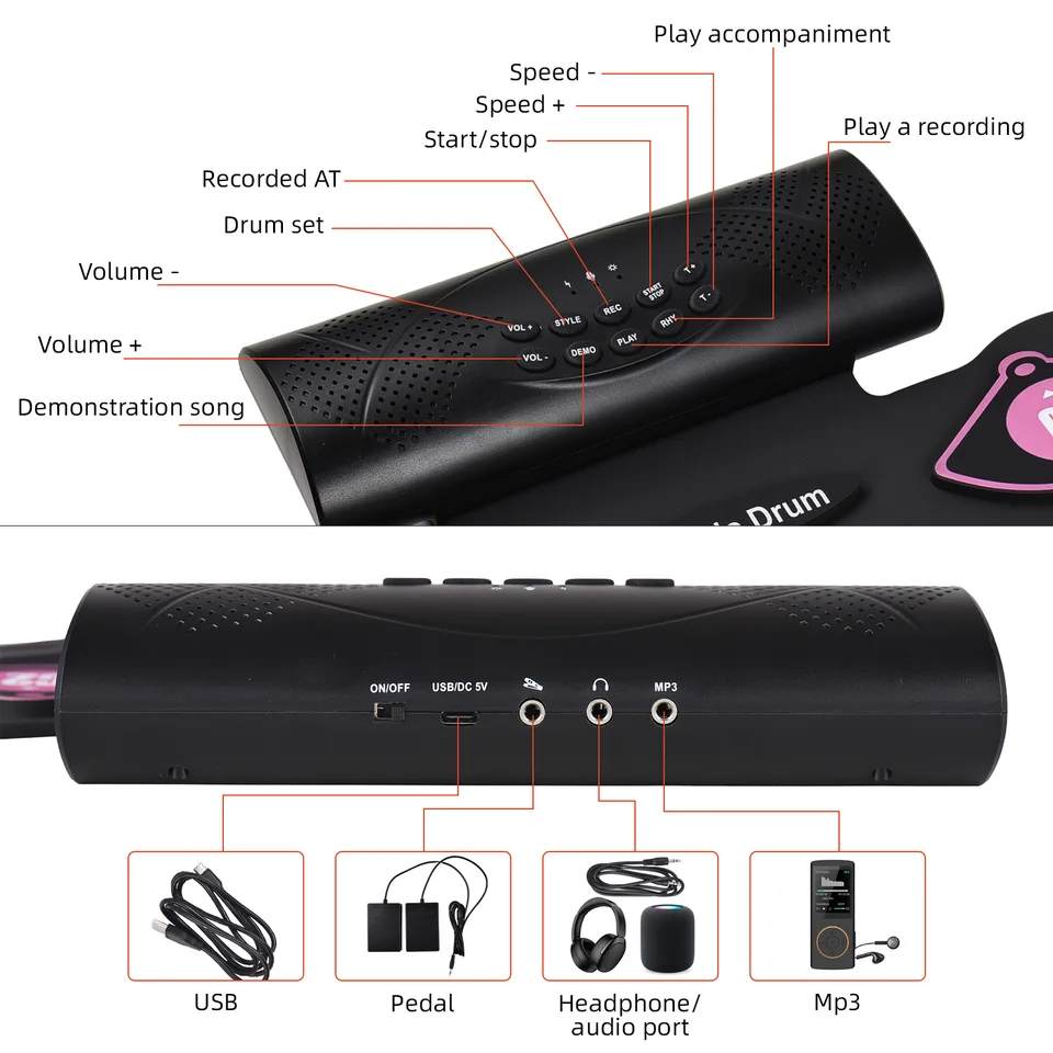 Batterie Lychee 9 Pads Enroulables Haut-parleur Intégré Batterie Électronique Pliable Lychee - 9 Pads Stéréo Haut-parleur Intégré Kit Batterie Pliable