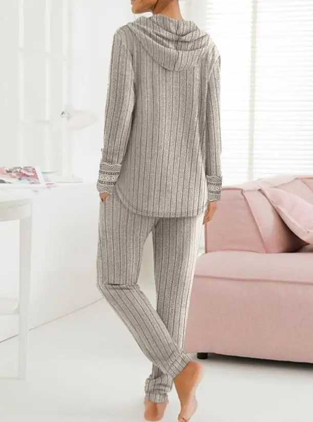 Two Piece Set Women Outfit 2023 Autumn Fashion Lace Patch Hooded Plain Long Sleeve Top & Casual Drawstring Daily Long Pants Set