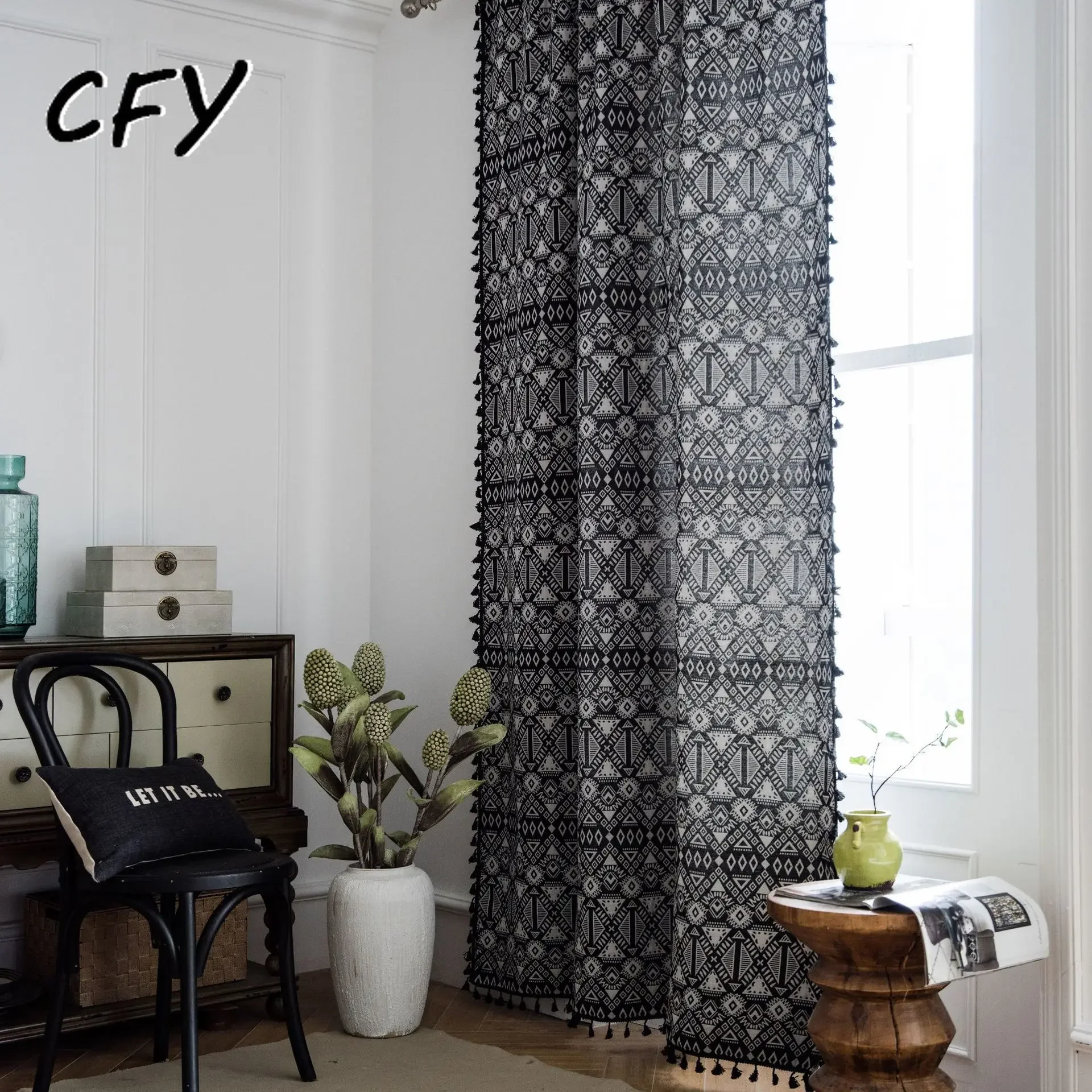 

Bohemia Black Geometry with Tassels Curtain Thick Blackout Curtains for Living Room American Vintage Drape Kitchen Valance