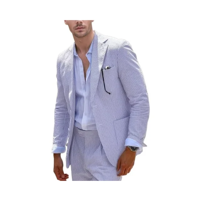 Seersucker Suit 2 Pieces Casual Summer Beach Men Suit Wedding Groom Jacket Pants Striped Suit Set 3