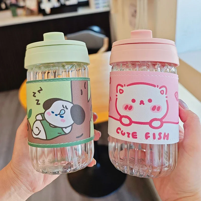 

Cute Cartoon Glass Water Bottle With Leather Cover Anti-scald Heat-resistant Students Girls Straw Double Drinking Coffee Cups