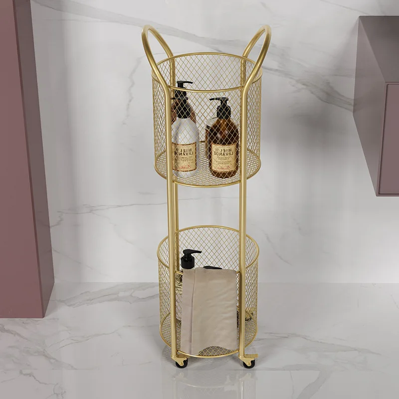 

Nordic Bathroom Racks Floor-standing Iron Art Wheeled Trolley Light Luxury Living Room Gold Storage Rack Two-layer Storage Shelf