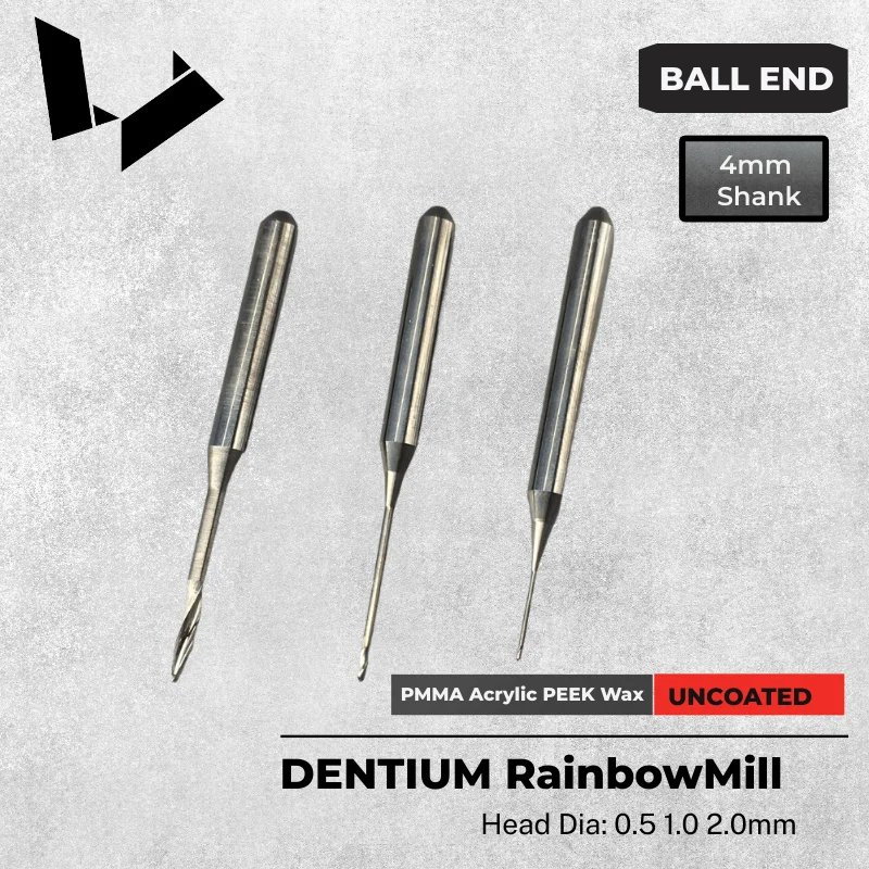 

Uncoated Carbide Bur Milling Tools for 98mm Dental PMMA Disc 0.6 1.0 2.0mm End Mills for Dentium Rainbow Mill