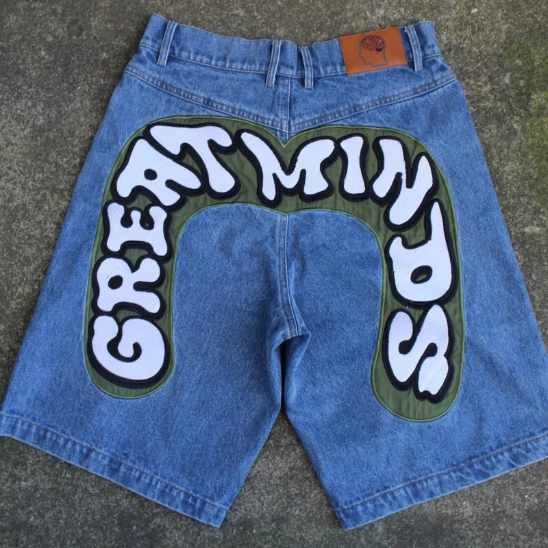Geometric letter print oversized high waist denim shorts men y2k clothing 2000s American vintage casual couple basketball shorts