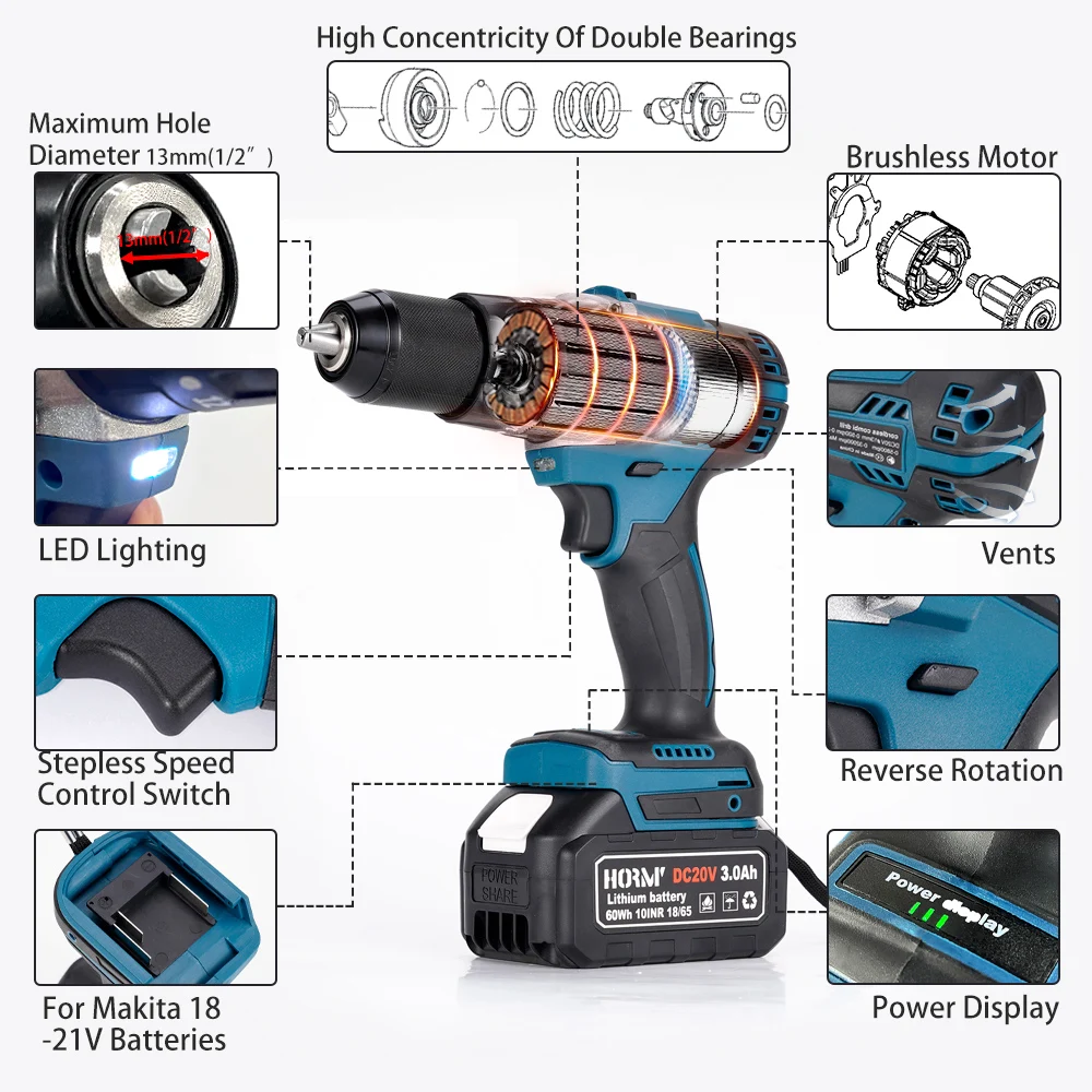 20V Brushless Electric Impact Drill 98N. m 3 in 1 Electric Screwdriver with Handle Electric Hammer Power Tool For Makita Battery