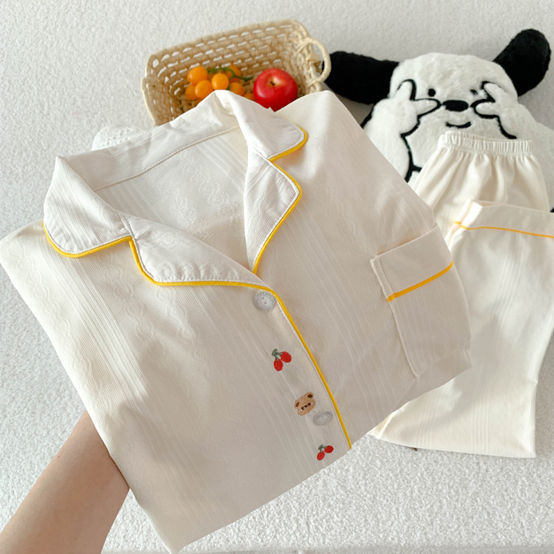 Spring and Autumn New Ladies Korean Embroidery Cartoon Solid Color Jacquard Pajamas Girls Long-Sleeved Casual Pajamas Homewear