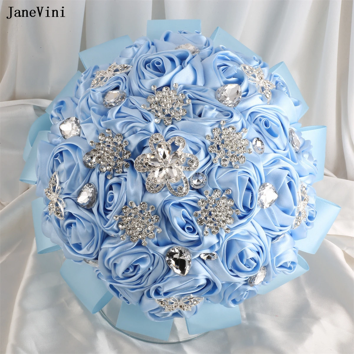 

JaneVini 2024 Charming Light Blue Flowers Bridal Bouquets Luxury Rhinestone Artificial Satin Roses Wedding Bouquet Ramo De Novia