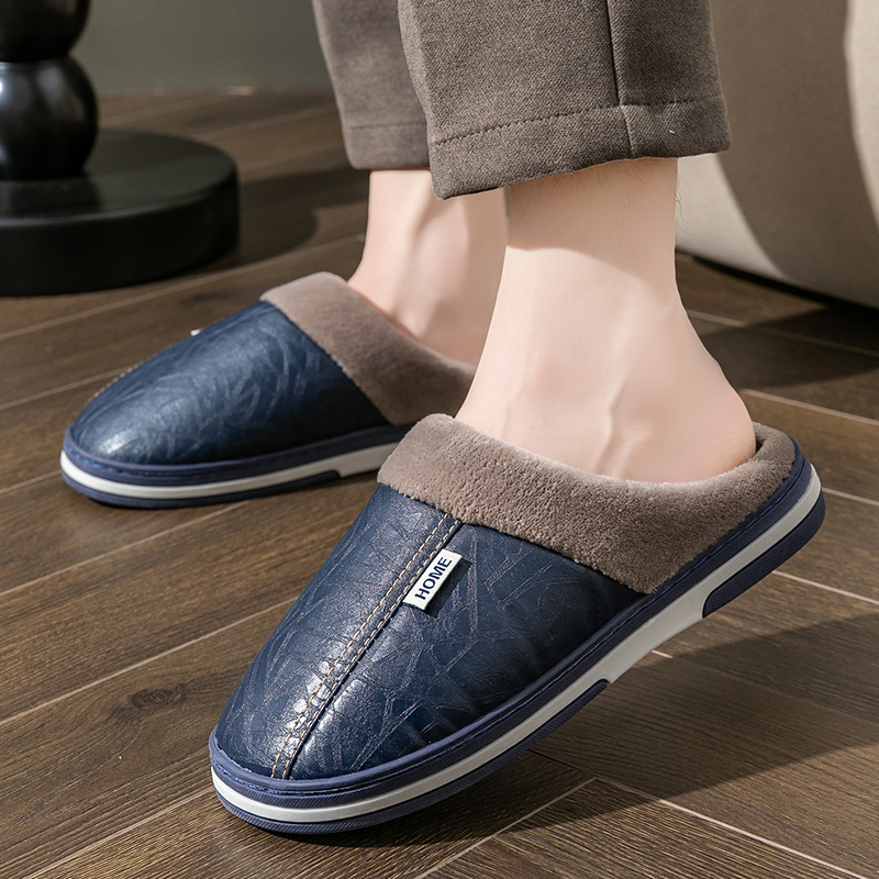 Men's Indoor Slippers Winter Big Size Waterproof PU Leather Large Sizes Home Cotton shoes Fur Flat Cotton Bedroom Houseshoes
