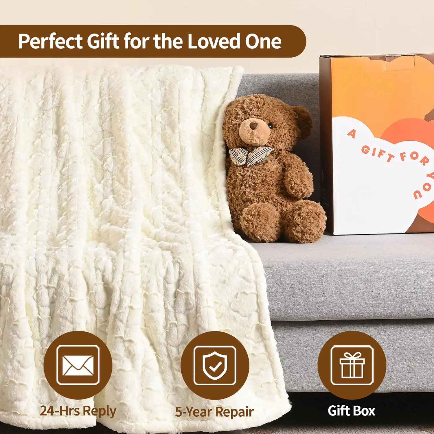 Electric Blanket King Size 100" x 90", Dual Controller Heated Blanket, White Flower Patterns Faux Fur & Warm Sherpa, 10-Heat