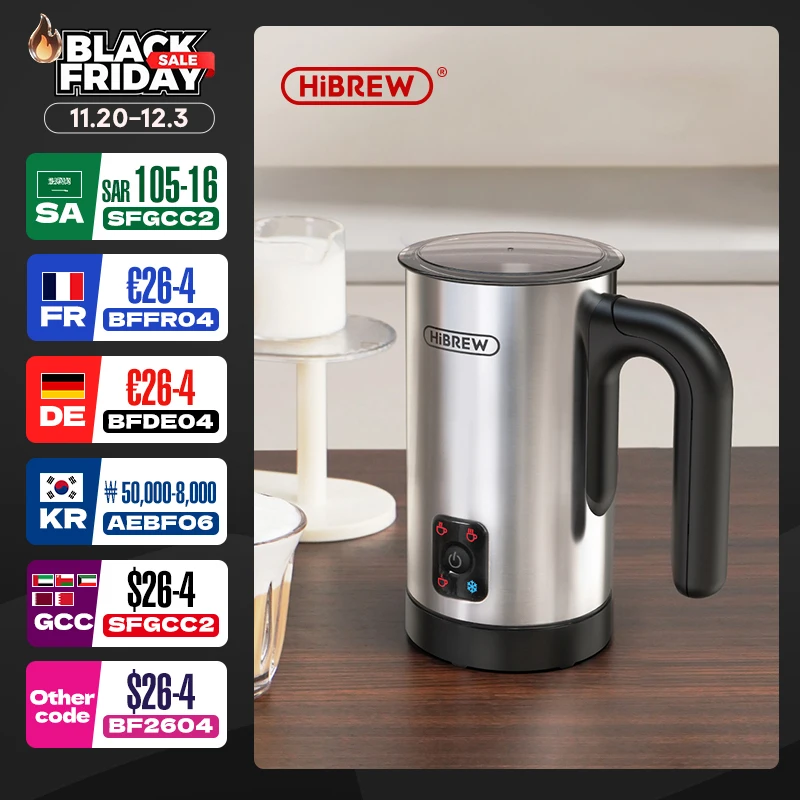 HiBREW 4 in 1 Milk Frother Frothing Foamer Fully automatic Milk Warmer Cold/Hot Latte Cappuccino Chocolate Protein powder M3A