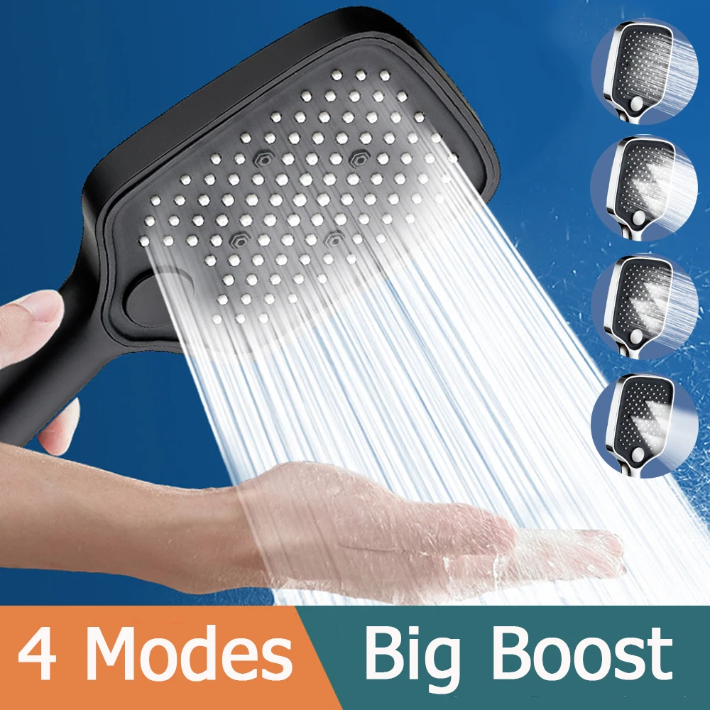 

Black Large Flow Rainfall Shower Head 4 Modes High Pressure Water Saving Spray Nozzle Massage Showerhead Bathroom Accessories
