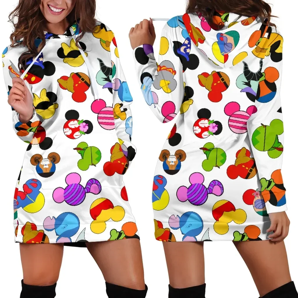 

New 2024 Mickey Mouse Hoodie Dress Sweater Fashion Disney Dress Sweatshirt Dress 3d Allover Printed Y2K Hoodie Dress For Women