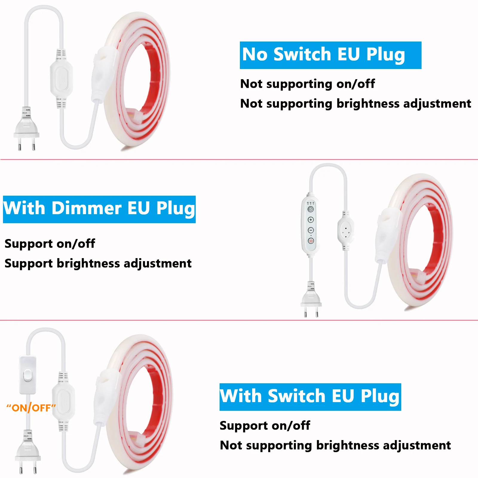 220V 디밍 가능 스위치 COB LED 네온 스트립 라이트 EU 전원 디머 키트 288LED 밝은 접착 테이프 플렉스 방수 3000K 4000K 6000K
