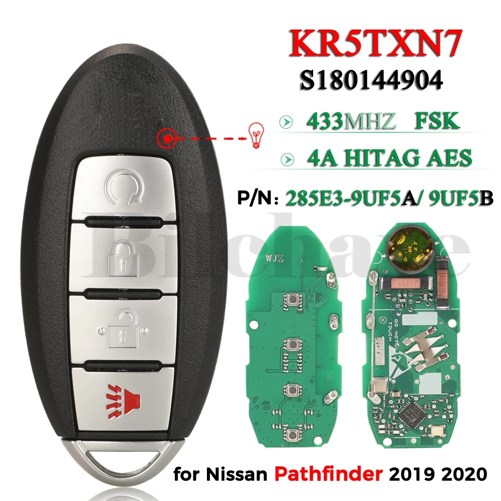 

Умный ключ jingyuqin S180144904 KR5TXN7 для NISSAN Pathfinder 2019 2020 433MHz 4A HITAG AES Chip 4Button 285E3-9UF5B/9UF5A