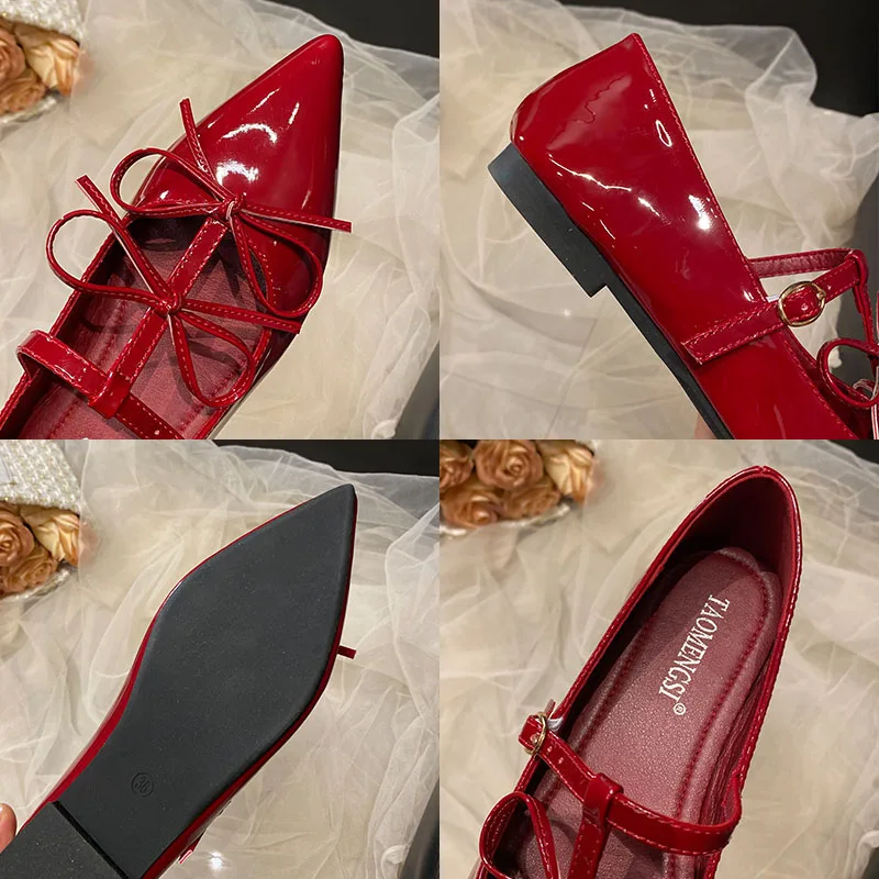 Red Footwear Shallow Flats Shoes For Women Pointed Toe Female Butterfly-Knot Fashion T-Strap Ladies Mary Janes Flats Shoes 4