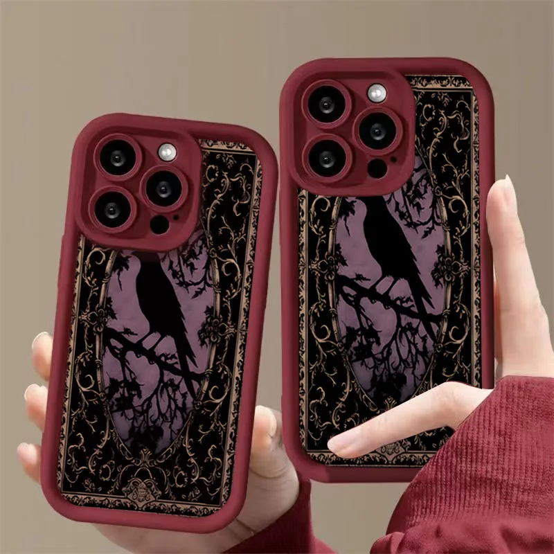Aesthetic Black Crow Pattern Wine Red Phone Case for iPhone 16 E15