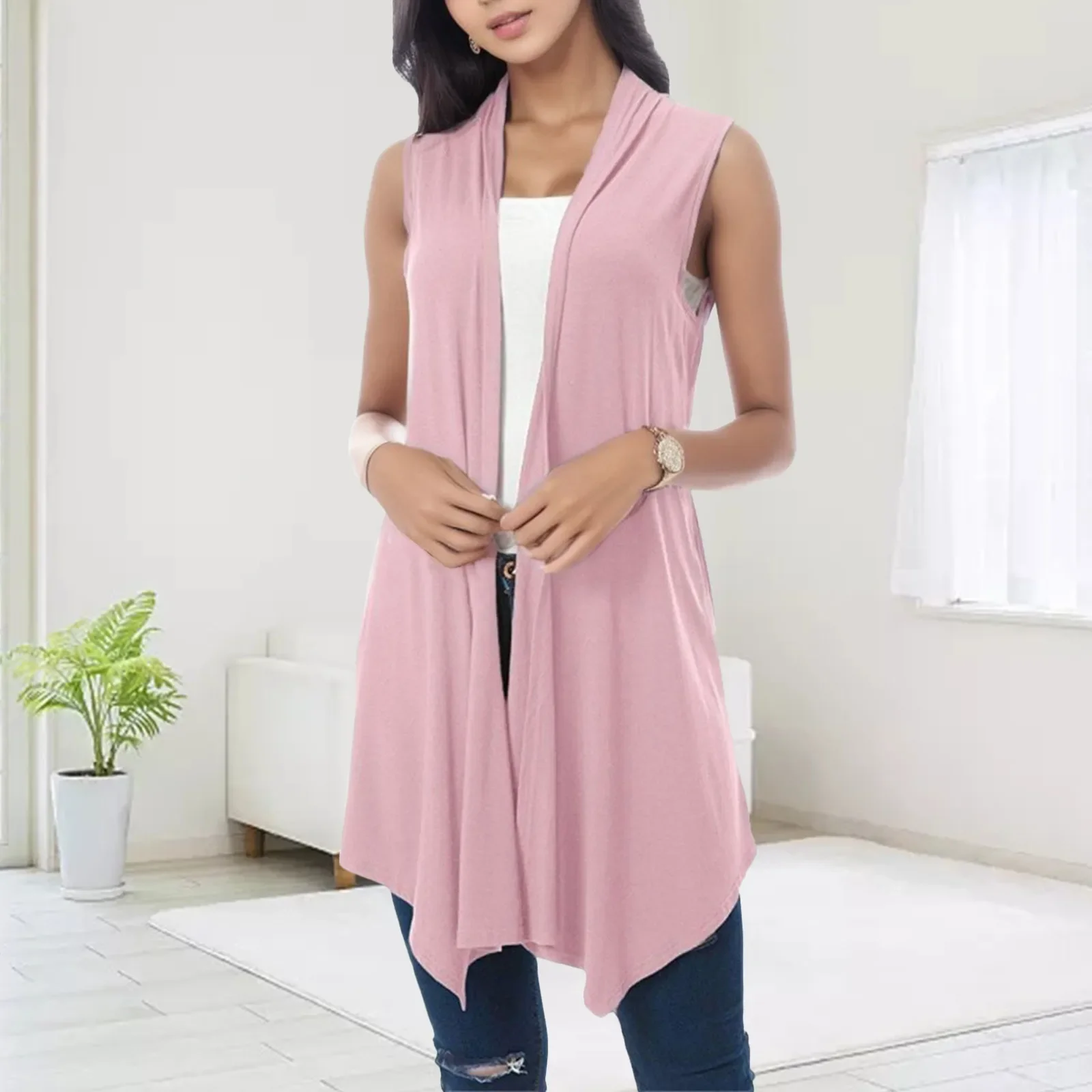 Women's Front Draped Cardigan Ladies Solid Color Blouse Vests Hem Asymmetric Open Sleeveless Women's Coat Jacket Women пальто