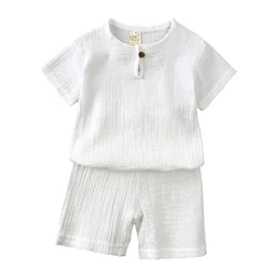 Kids' Cotton Linen Summer Outfit - Solid Color Short Sleeve Top and Shorts - 6 (WHITE)