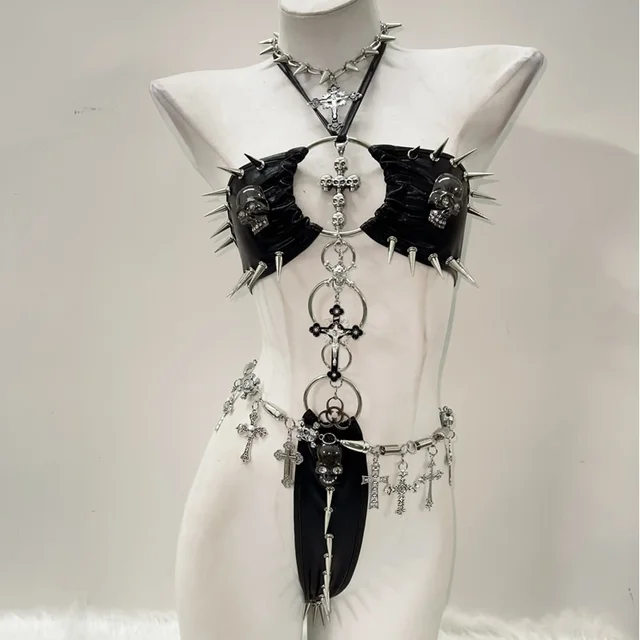 Spikey Skull Chain Bikini and Pants Set 1