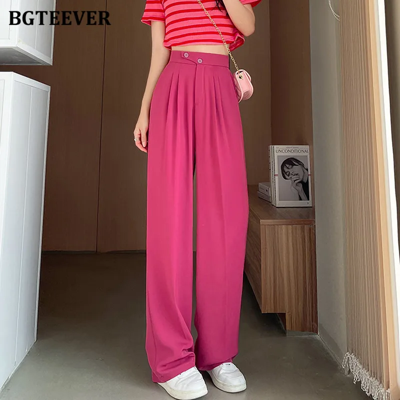 

BGTEEVER Woman Pants Korean Style Straight Summer Pants Female Casual Outfits Classic White Wide Pants Women High Waist