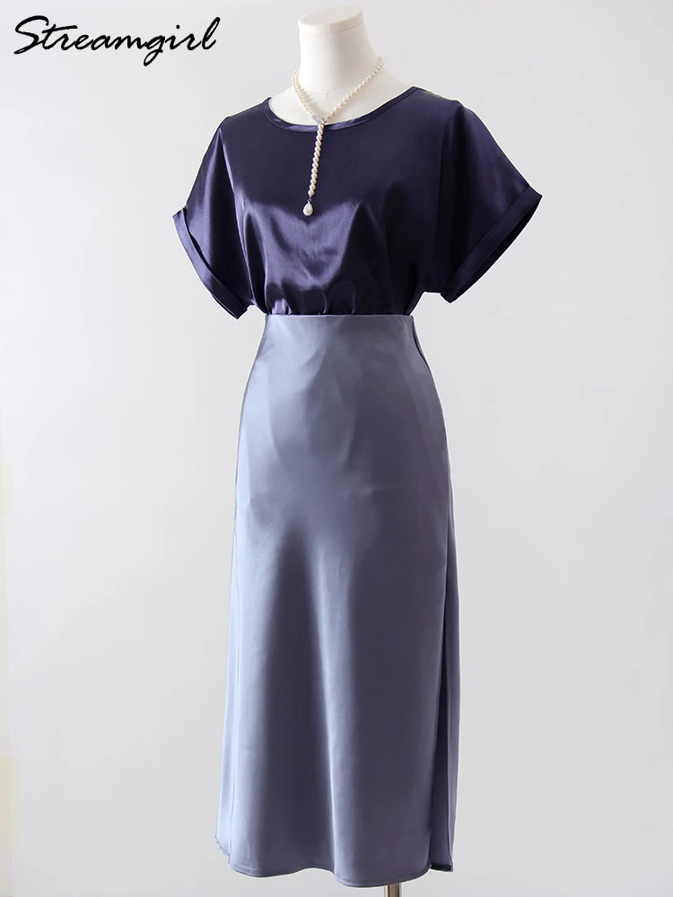 Streamgirl Luxury Satin Slit Skirts For Women Midi 2025 Spring A Line Solid Green Skirts Formal Lady Office Women's Midi Skirts 4