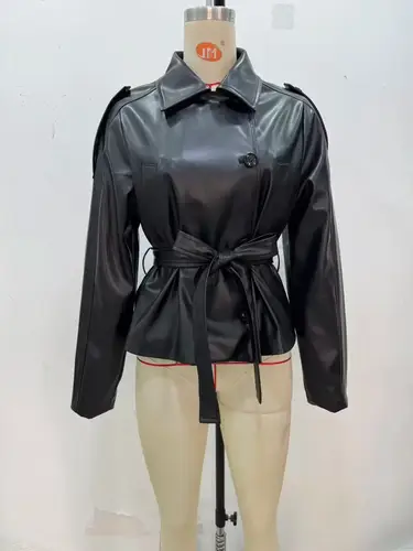 HH Women Spring New Fashion Versatile Imitation Leather Short Windbreaker Coat Female Streetwear Slim Lapel Bow Belt Jacket - Image 4