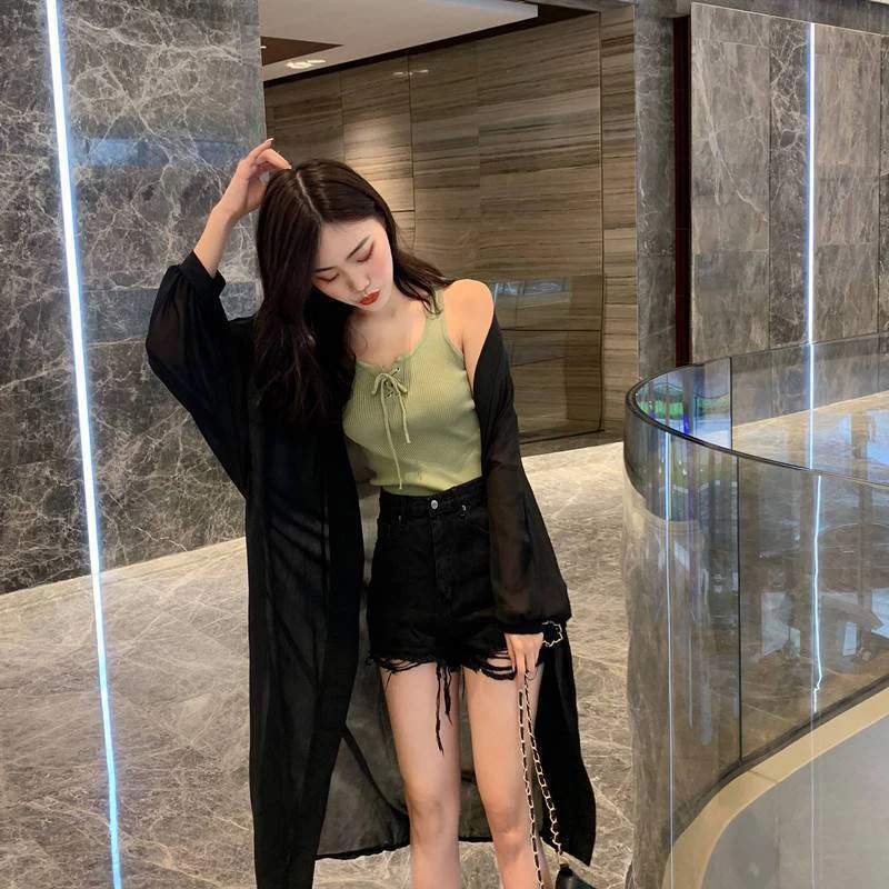 MEXZT 여름 여성 블라우스, 퍼프 소매 긴 쉬폰 자외선 차단 셔츠, 블랙 화이트, 루즈 캐주얼 자외선 차단 셔츠 상의, 가디건