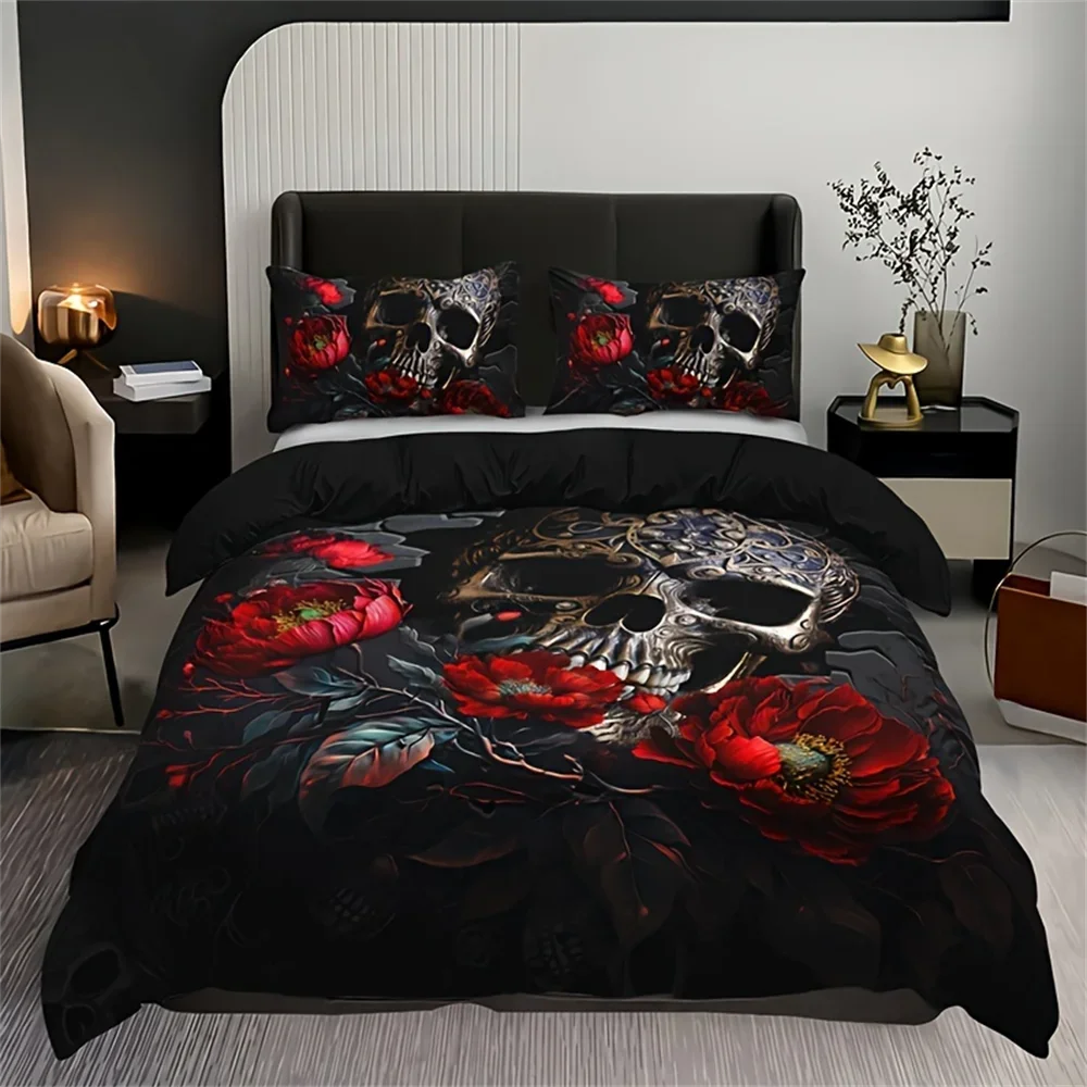 3-Piece Gothic Skull Floral Duvet Cover Set - Soft Breathable HD Printing Bedding for Home Dorm Decor - Halloween Themed, Comfor