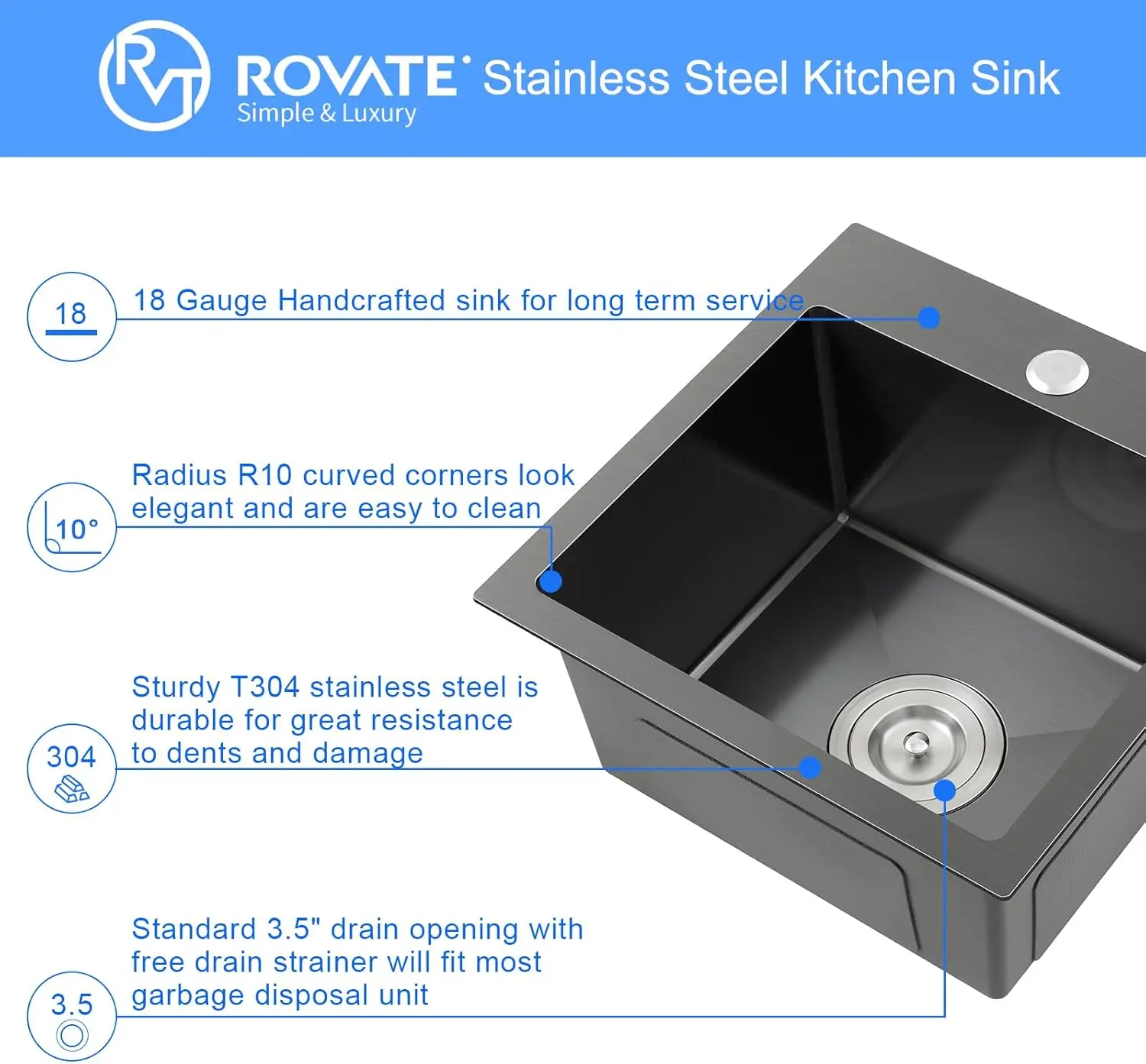 ROVATE 18x18 inch Drop in Kitchen Sink Black Nano Kitchen Bar Sink Top-mount Small Overmount Handmade 304 Stainless Steel Bar 2