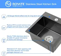 ROVATE 18x18 inch Drop in Kitchen Sink Black Nano Kitchen Bar Sink Top-mount Small Overmount Handmade 304 Stainless Steel Bar 2
