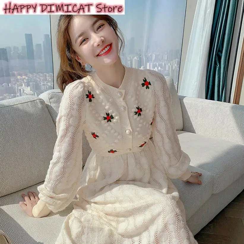 Knitting Sweater Maxi Dresses for Women Female Korea Style Slim Embroidery Woman Dress Wool Long Sleeve Party Autumn Winter 2020 new cashmere scarf knitted plaid wool pashmina women autumn warm neck wraps luxury brand female shawls plus size 200x70cm