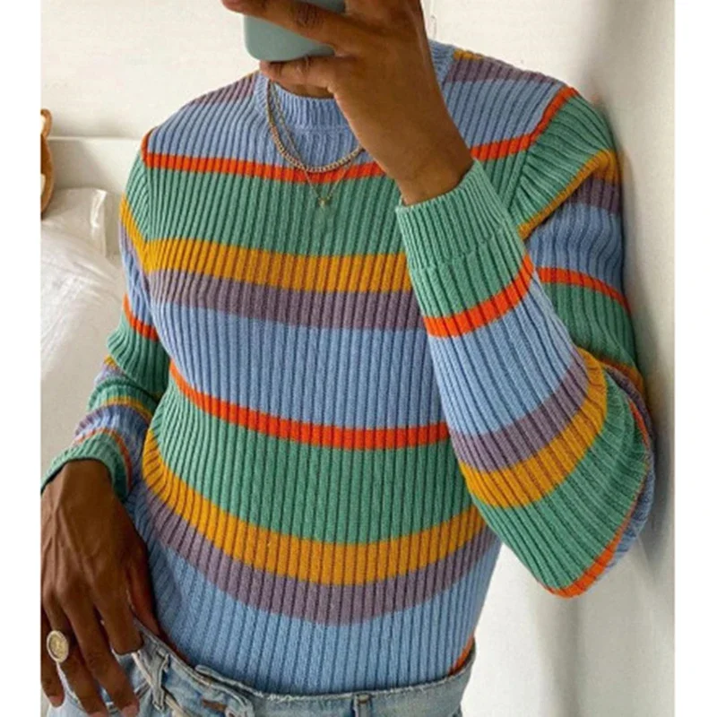 

Winter Sweater Men New Fashion Casual Men Stripe Splicing Color Slimming Round Neck Warm Knit Sweater Clothing For Man