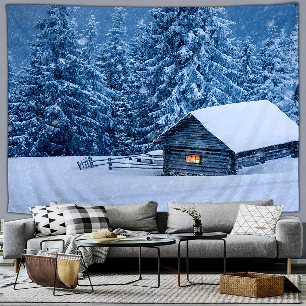 Winter forest snow scene tapestry wall hanging tapestry decor