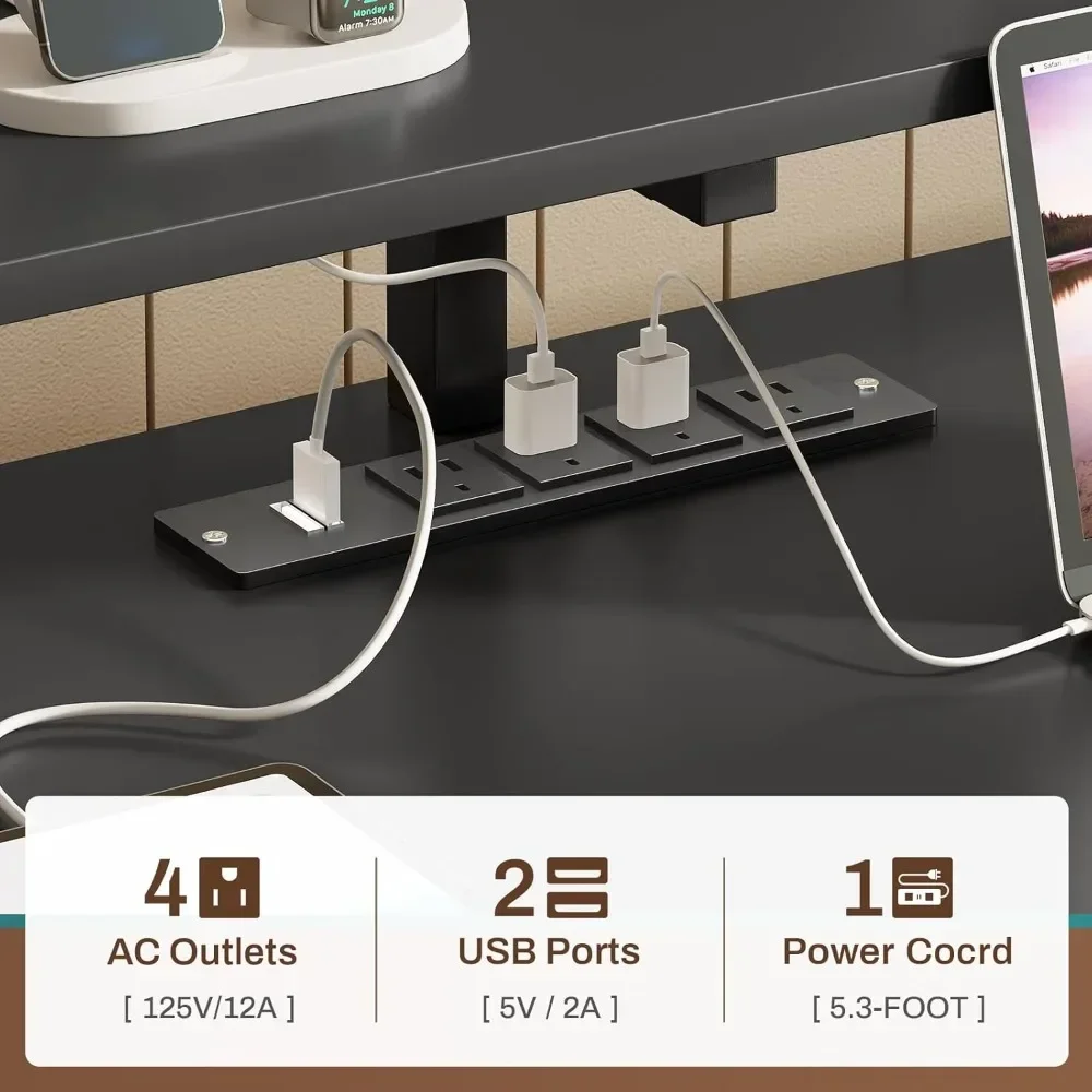 Computer Desk with 5 Drawer, Power Outlet & Led Lights, 66'' Home Office Desk with File Drawer, Storage, Monitor Shelf, Gaming 5