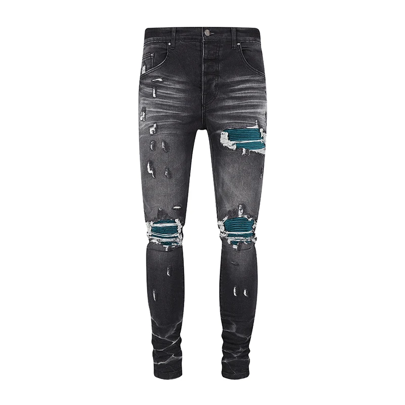 

2023 New Arrival Fashion Men's Black Ripped Skinny Distressed Jeans Unique Peacock Blue Fold Patch Design Denim Pants For Men