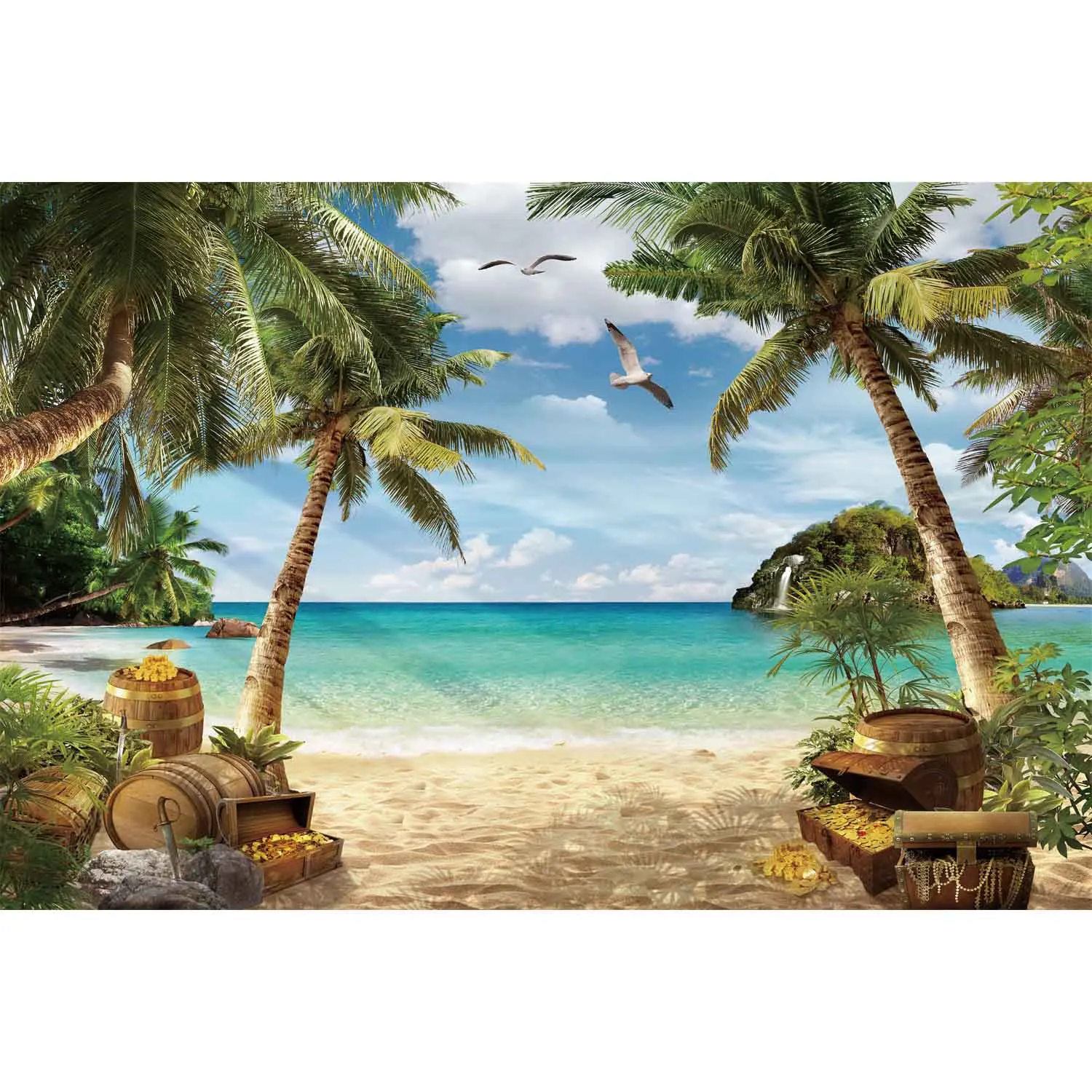 thumbnail image 1 of MOON.QG Fondo de fotografía de playa con puesta de sol en el océano azul, fondo de fotografía de verano tropical, palmera, ola, arena, barco, retrato, 1 of 5