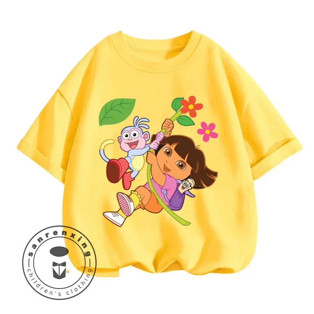 Fun Boys Girls Fashion T-shirt Dora Animated Cartoon Printed Kids T-shirt Hip Hop Boys Clothes White Short Sleeve Shirt Top 6