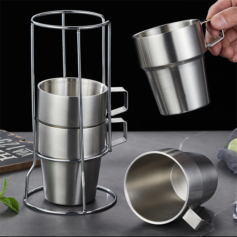 

4pcs Outdoor Camping Stainless Steel Cups Set Tea Coffee Beer Mug with Rack Portable Picnic Drinking Water Cup for Hiking Travel