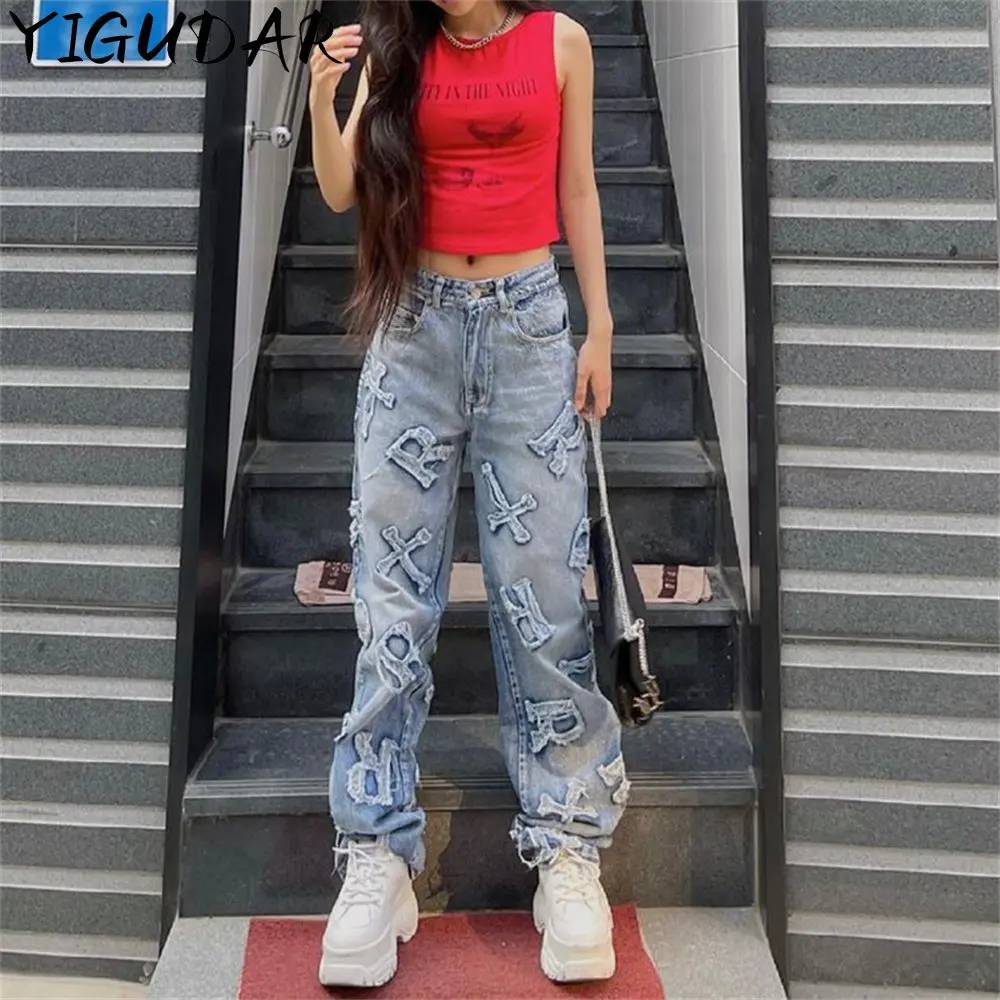 

2023 New Cow Pants Fashion Personality Letter Sticker Straight-tube Jeans Street Spicy Girls Loose Straight-tube Casual Pants