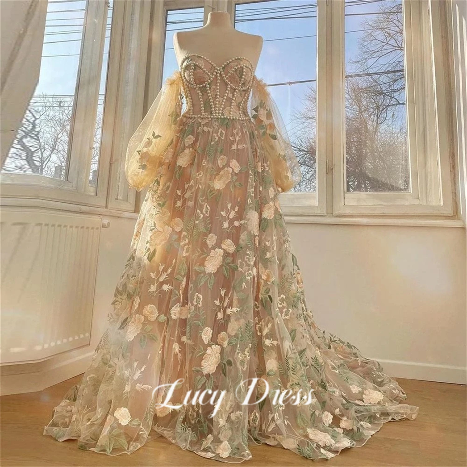 

Lucy Ball Gown Line A Pearl Decoration Party Dress Floral Mesh Graduation Champagne Robe De Soiree Femmes Prom Dresses Evening