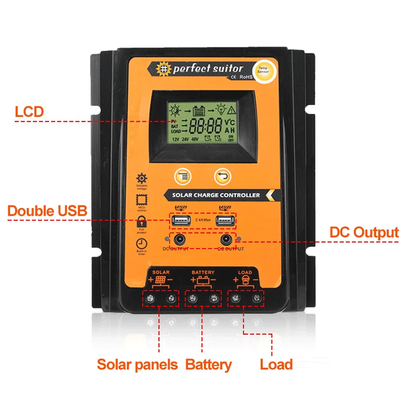 Solar Battery Charge Controller PWM MPPT Adaptive Solar Charge Controller 12V 24V 30A 50A 70A Solar Panel PV Cell Controller Battery Regulator USB DC Port LCD