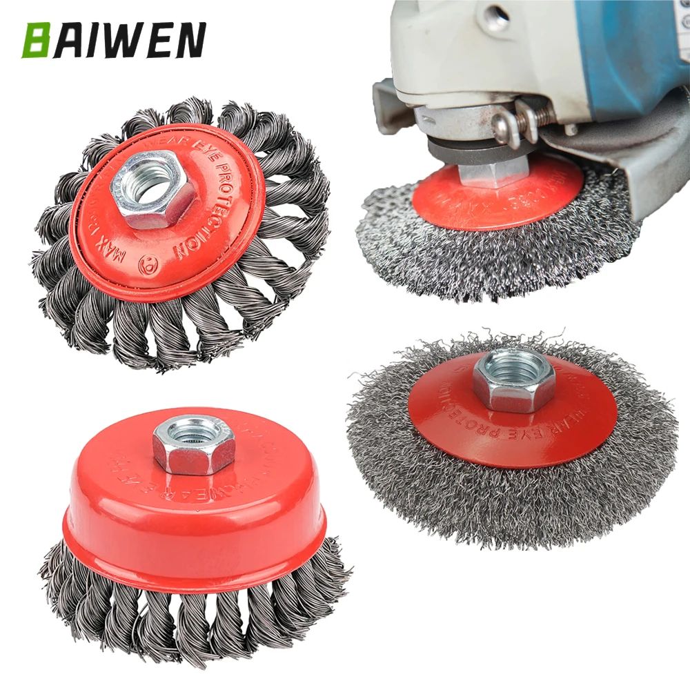 3 stücke 75/95/100mmTwisted Stahl Draht Rad M14 Pinsel Starke Farbe Entfernen Rotary Twist Knoten Entgraten für Metall Winkel Grinder
