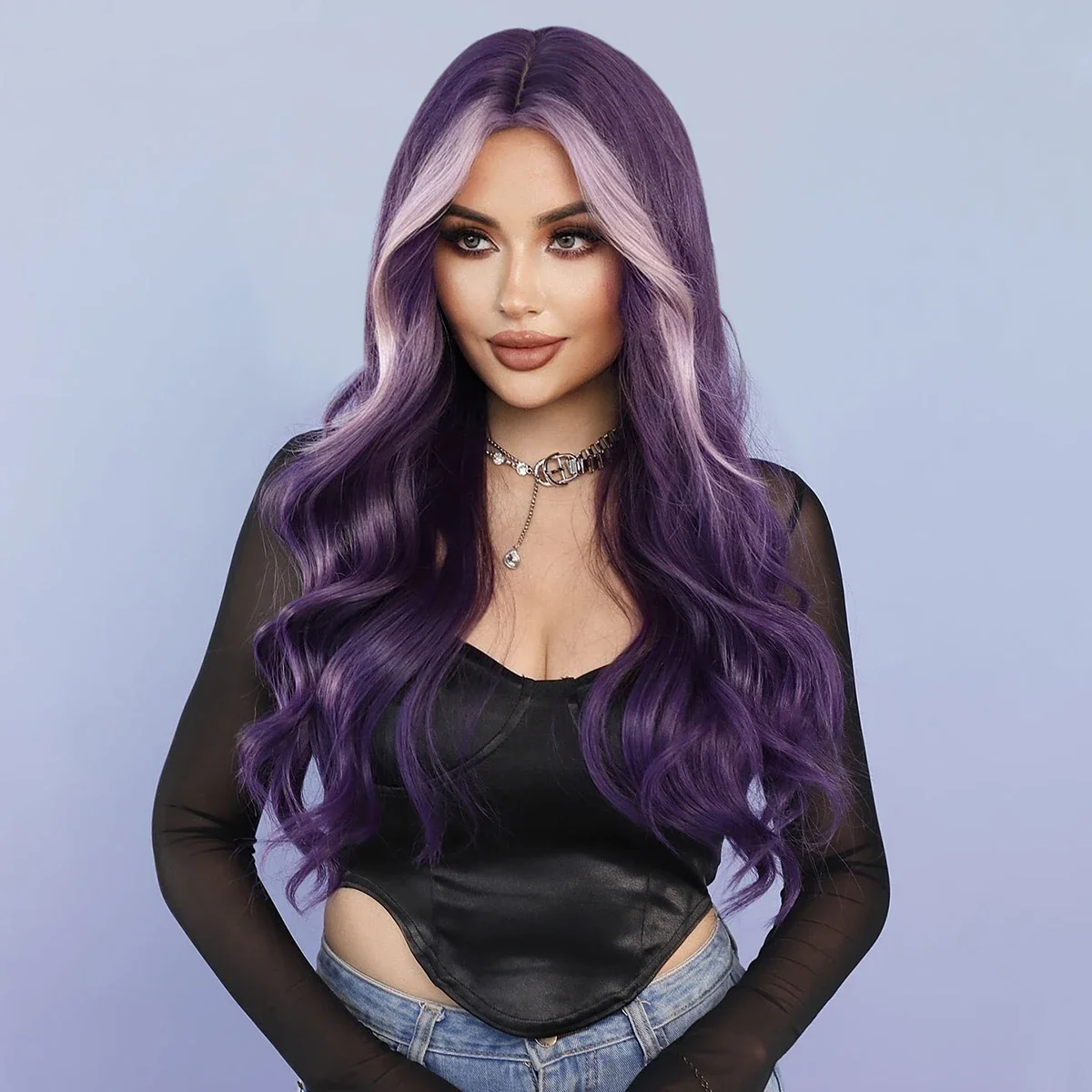 High Density Synthetic Body Wavy Dark Purple Wig for Women Daily Party Loose Long Curly Hair Wigs with Bangs Heat Resistant